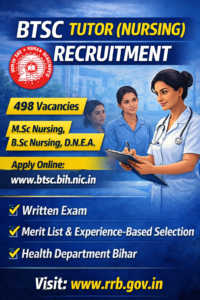 BTSC Tutor Nursing Recruitment 2026 infographic showing 498 vacancies, eligibility and selection process.