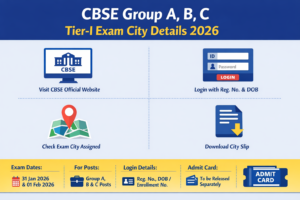 CBSE Group A, B, C Tier-I Exam City Details 2026 image showing login process, assigned exam city and city slip download.