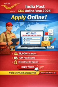 India Post GDS Online Form 2026 Apply Online banner showing a postal worker, online application form on a laptop, eligibility highlights, vacancy details, and official India Post website link.