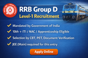 RRB Group D Level-1 recruitment banner showing Indian Railways train, eligibility details, selection process (CBT, PET, Document Verification), and Apply Online button.