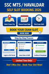 SSC MTS  Havaldar Self Slot Booking 2026 image showing exam city selection, date and shift booking process.
