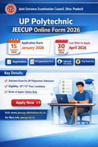 UP Polytechnic JEECUP Online Form 2026 banner showing application start and last dates, registration steps, eligibility details, and official JEECUP website link.