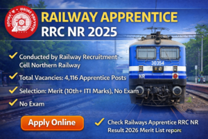 ailway Apprentice RRC NR 2025 recruitment banner showing Northern Railway electric train, 4,116 apprentice vacancies, merit-based selection (10th + ITI), no exam, and apply online details.