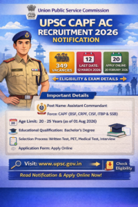 UPSC CAPF Assistant Commandant Recruitment 2026 notification image with vacancy details, eligibility, age limit and apply online information