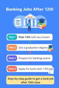 “Banking jobs after 12th step by step guide infographic showing career path to bank clerk and PO jobs”