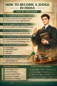 Learn how to become a judge in India with this step-by-step guide. Check eligibility, law degree, judicial services exam, and career path to become a judge.
