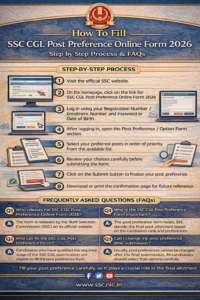 SSC CGL Post Preference Online Form 2026 infographic showing step by step process to fill option form.