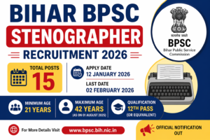Bihar BPSC Stenographer Recruitment 2026 image with 15 posts, application dates, age limit, and qualification details