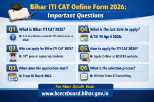 Bihar ITI CAT Online Form 2026 important questions and answers image with eligibility, dates, application process, and selection details