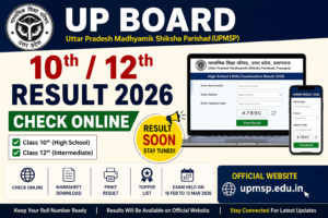 UP Board 10th 12th Result 2026 image showing check online process, roll number login, marksheet download and result details