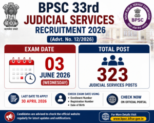 BPSC 33rd Judicial Services Recruitment 2026 image showing exam date 03 June 2026 and 323 vacancies