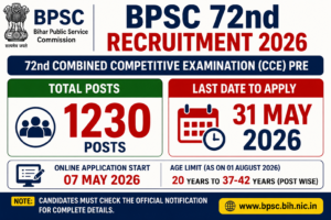 BPSC 72nd Recruitment 2026 image with 1230 total posts and last date 31 May 2026 online form details