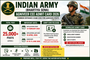 Indian Army Agniveer CEE Admit Card 2026 image with exam dates 01 to 15 June 2026 and admit card details