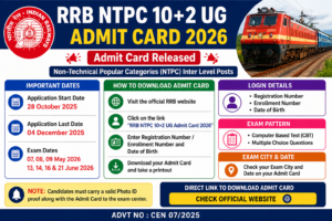 RRB NTPC 10+2 UG Admit Card 2026 released by Railway Recruitment Board. Check exam dates, download process, login details, and direct link to download hall ticket online.