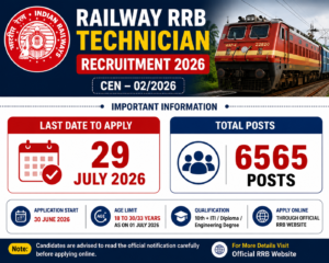 Railway RRB Technician Recruitment 2026 image with 6565 total posts and last date 29 July 2026