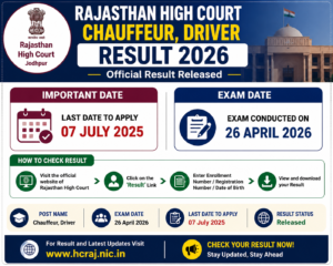 Rajasthan High Court Chauffeur Driver Result 2026 image with exam date 26 April 2026 and result details