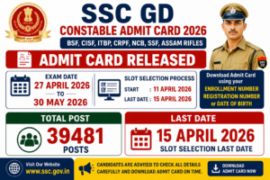 SSC GD Constable Admit Card 2026 image with 39481 total posts, exam date 27 April to 30 May 2026 and admit card download details