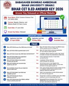 Bihar CET B.Ed Answer Key 2026 infographic showing exam details, important dates, and FAQs released by BRABU.