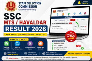 SSC MTS Havaldar Result 2026 official result announcement banner showing result PDF download, merit list, cut-off marks, and result checking process on SSC website.