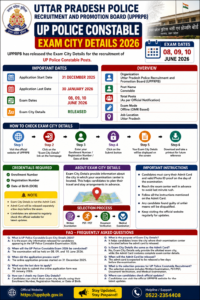 UP Police Constable Exam City Details 2026 image with exam dates 08, 09, 10 June 2026 and exam city information release