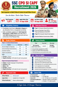 SSC CPO SI CAPF Recruitment 2026 – 1871 Vacancies, Eligibility, Exam Pattern and Salary